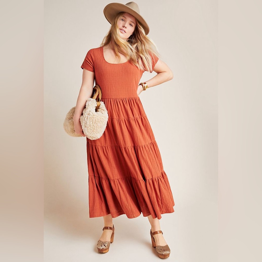 Anthropologie Maeve Gillian Tiered Maxi Dress Rust Orange Boho size 12 prairie - Picture 7 of 8